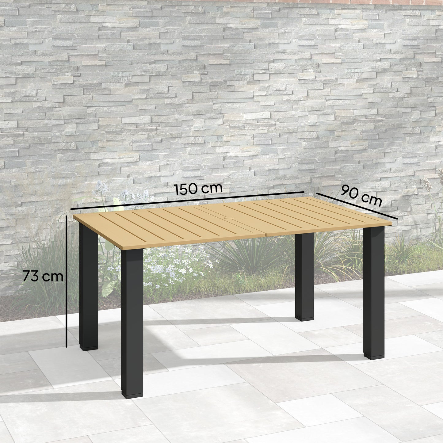 Outsunny Garden Dining Table for 6 with Parasol Hole, Rectangle Outdoor Garden Table with Slatted Metal Top, Steel Frame, Brown