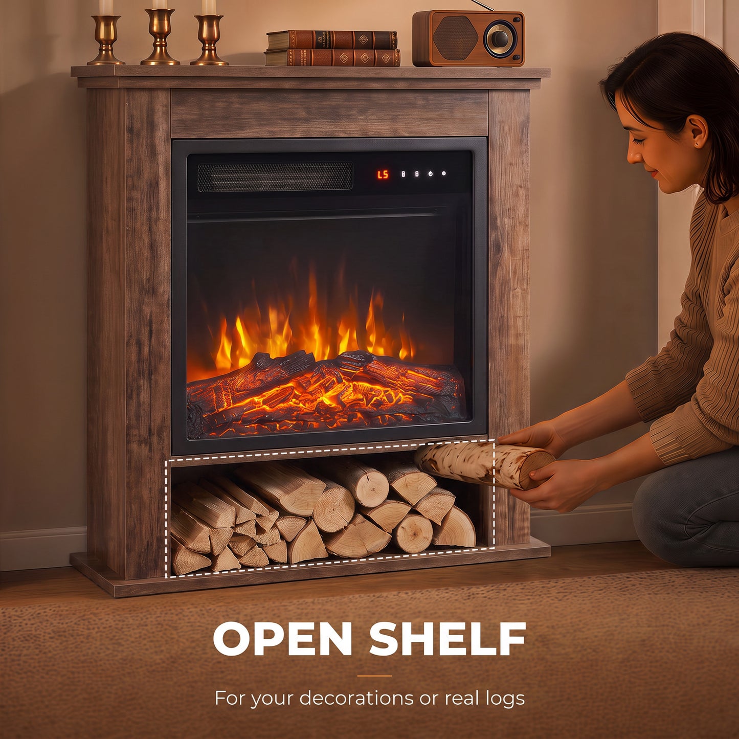 HOMCOM Electric Fireplace Suite with Shelf, 25" 1800W Electric Fire and Surround with LED Flame, 5 Brightness, Remote, Oak