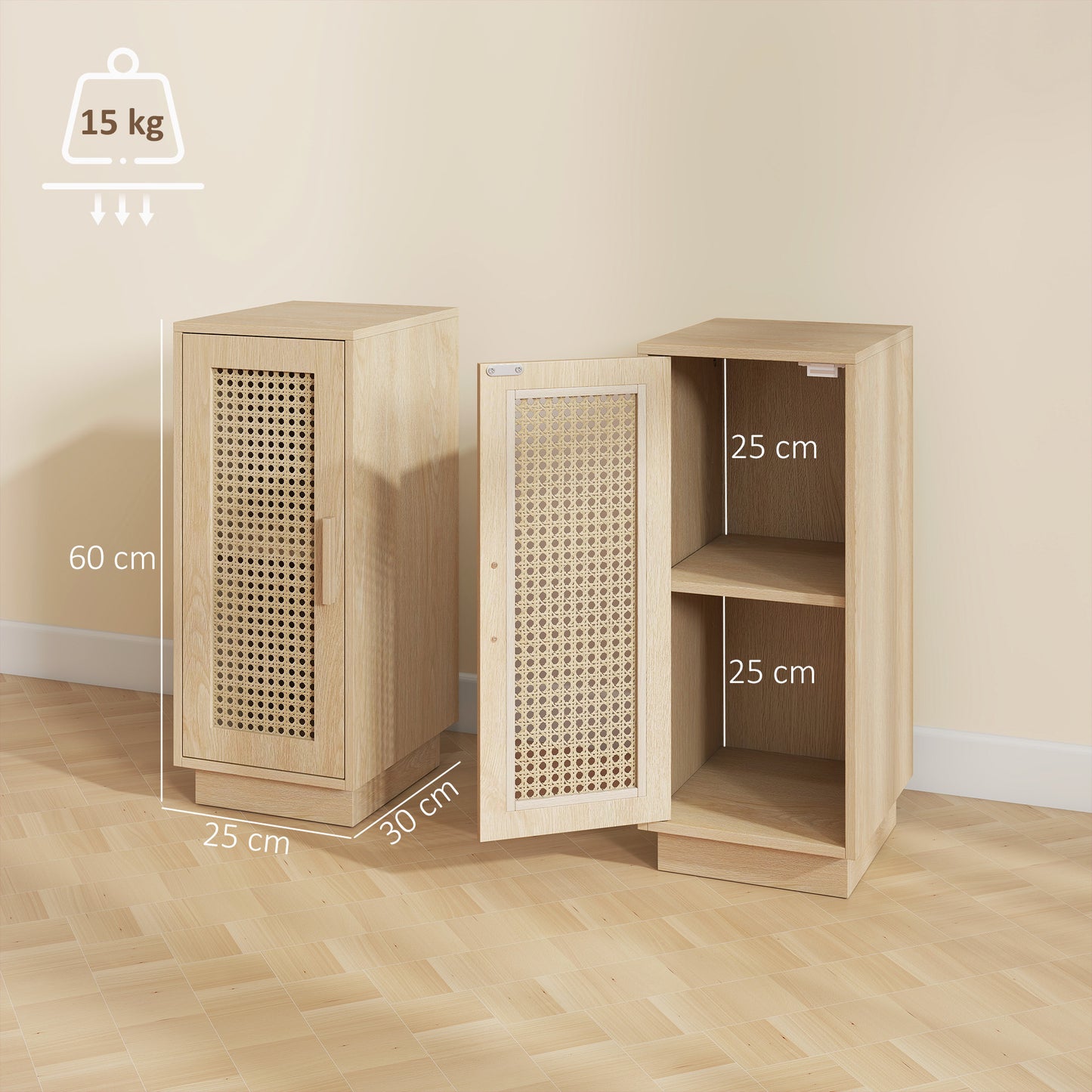 HOMCOM Set of 2 Bedside Tables with Rattan-Decor Doors, Boho Slim Nightstands with Adjustable Shelf, Natural Wood Finish