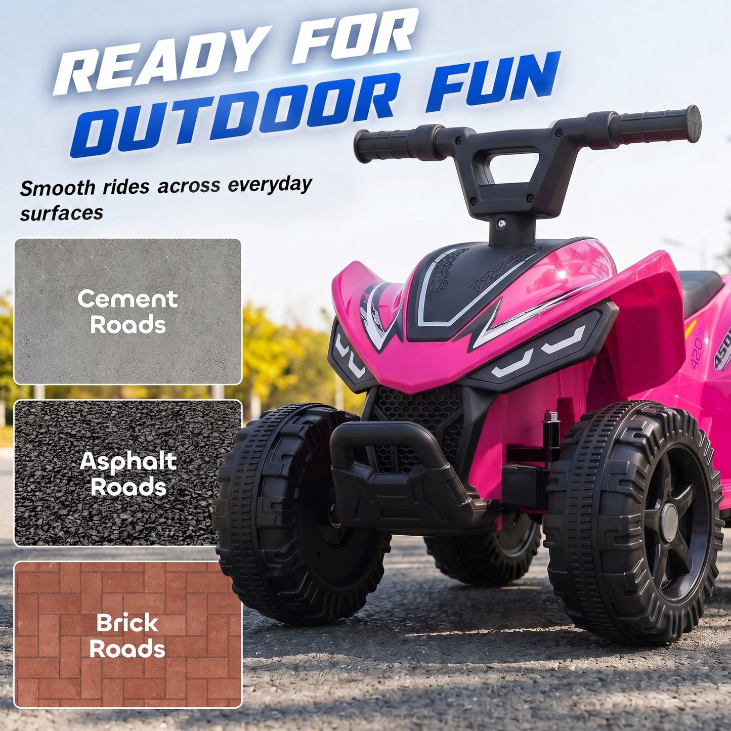 AIYAPLAY 6V Battery Powered Kids ATV, Quad Bike w/ Handlebar Button Control, Max 1.2MPH, Max 55lbs Load, for 18-48 M, Rose Red