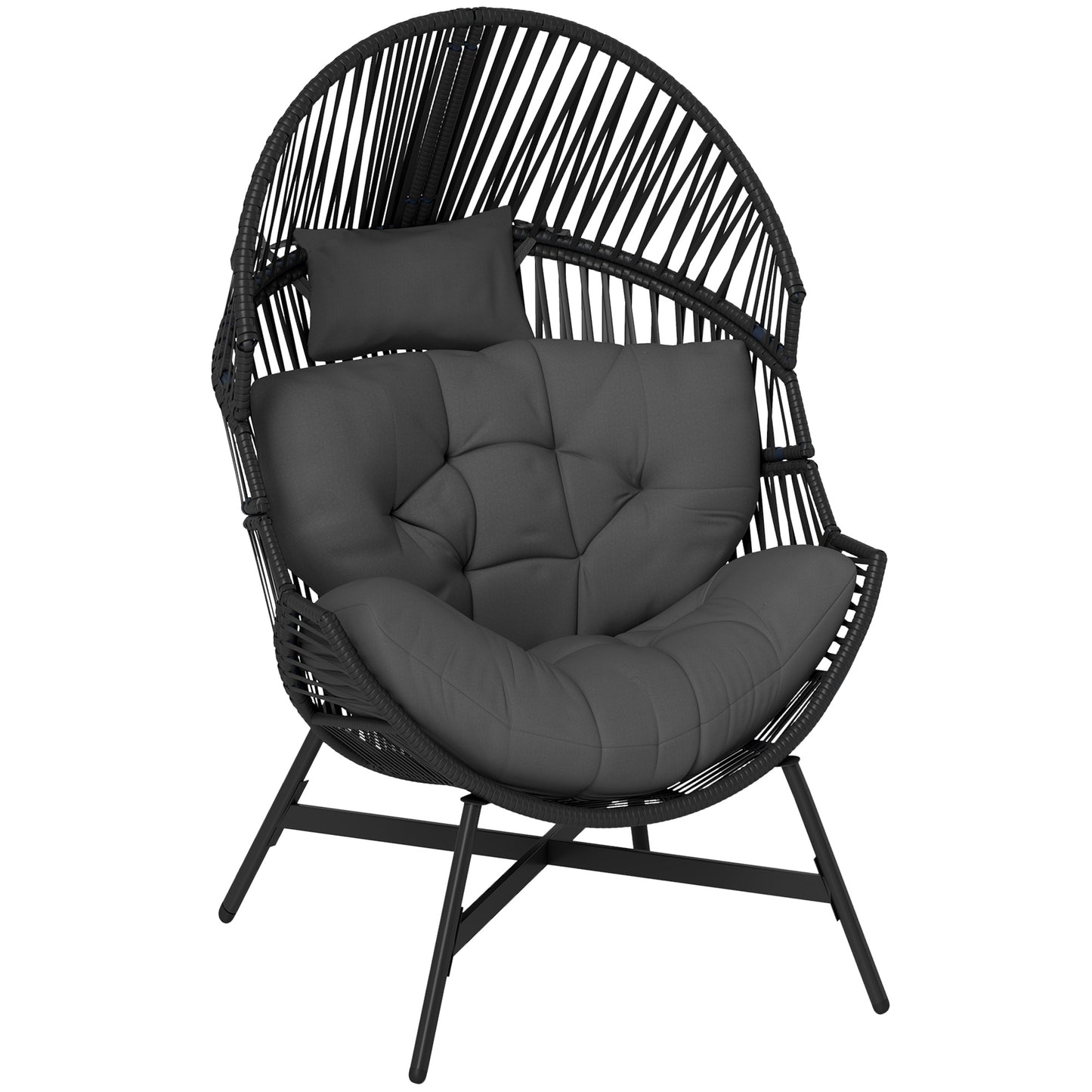 Outsunny Rattan Egg Chair, Oversized Freestanding Garden Chair with Cushion, Headrest, Steel Frame for Indoor/Outdoor Use, Charcoal Grey
