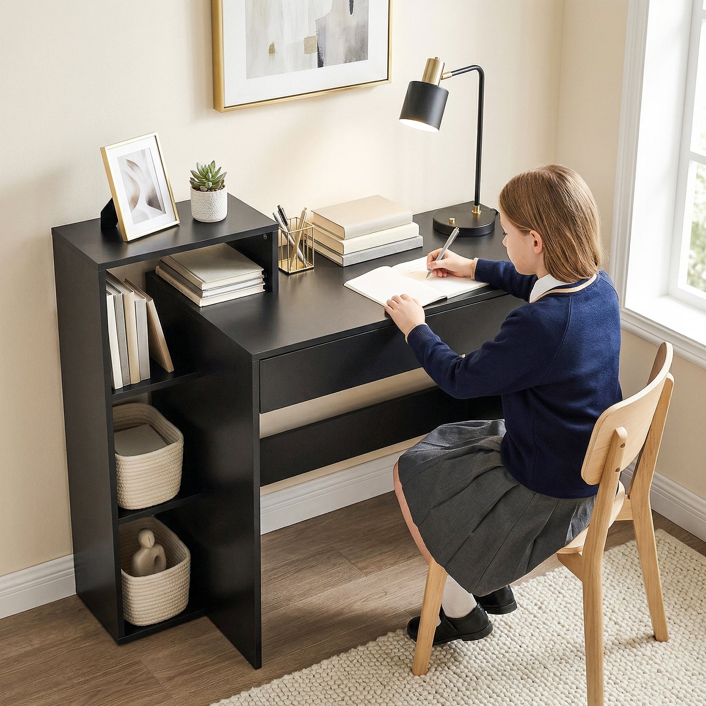 HOMCOM Desk with Storage, Computer Desk with 3 Open Shelves and Drawer, Workstation, Computer Table, Black