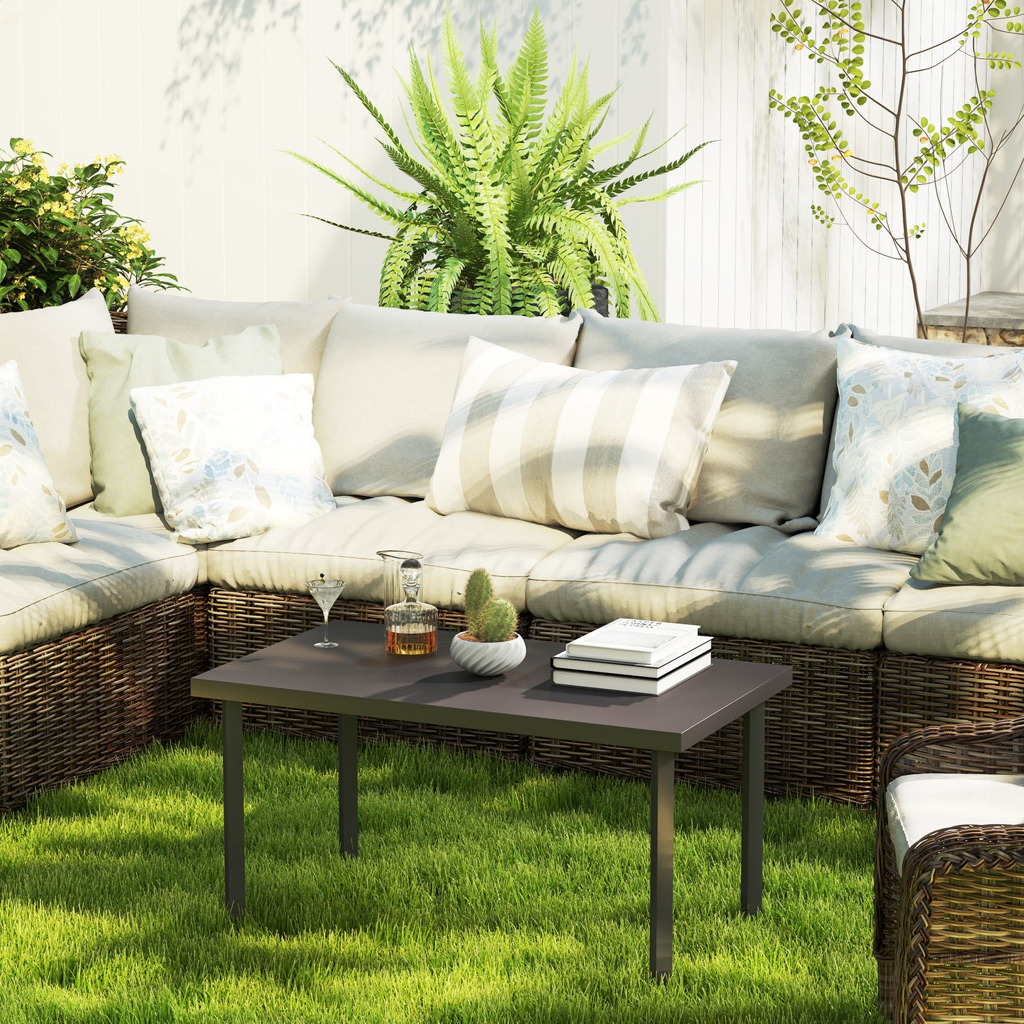 Outsunny Rectangular Metal Garden Coffee Table, Woodgrain Top, Foot Pads for Outdoor Use, 95x55x46cm, Brown