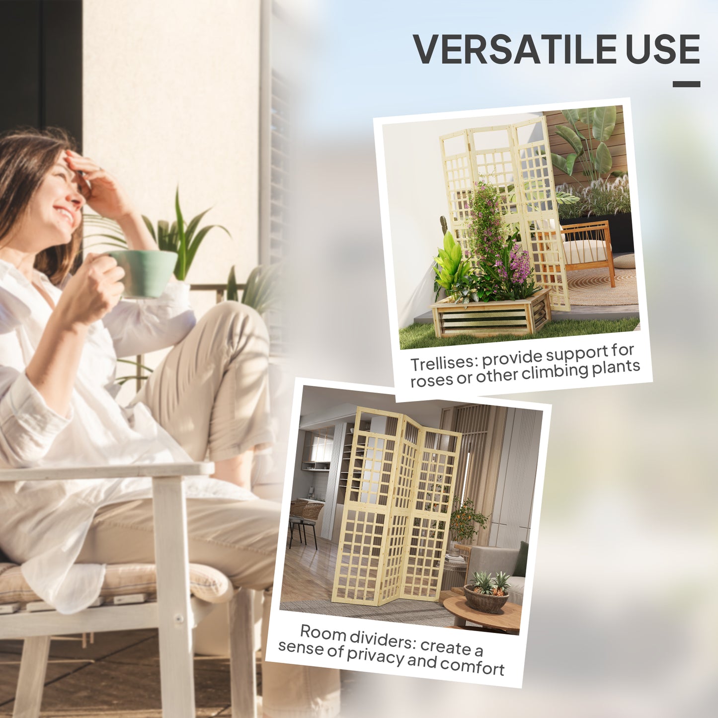 Outsunny 3-Panel Privacy Screen, Foldable Wooden Outdoor Divider/Trellis for Garden Patio, 120x170cm, Wood