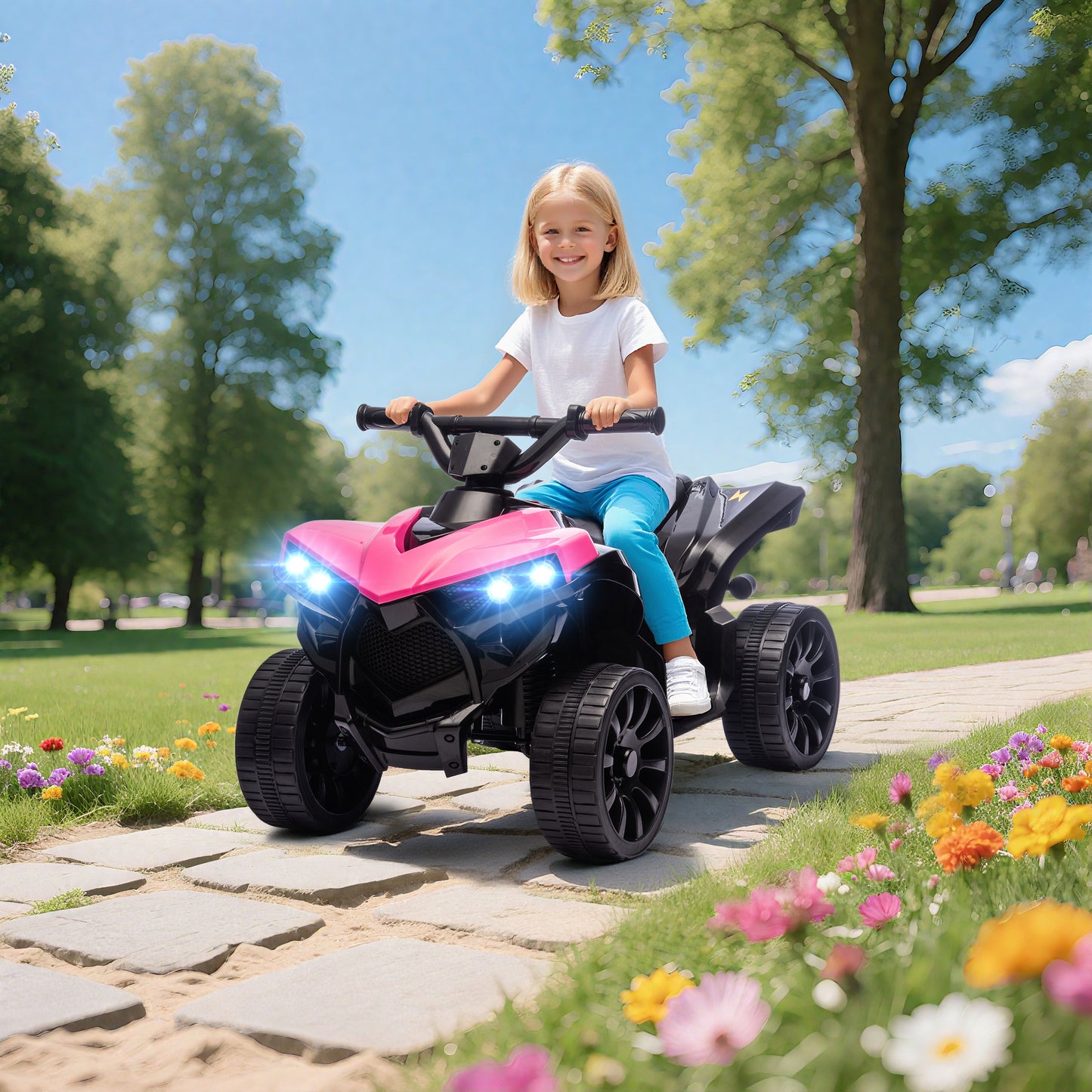 AIYAPLAY 6V Kids ATV, 4 Wheeler Electric Ride on Car with Music and LED Headlights, for Ages 3-8 Years Boys and Girls, Pink