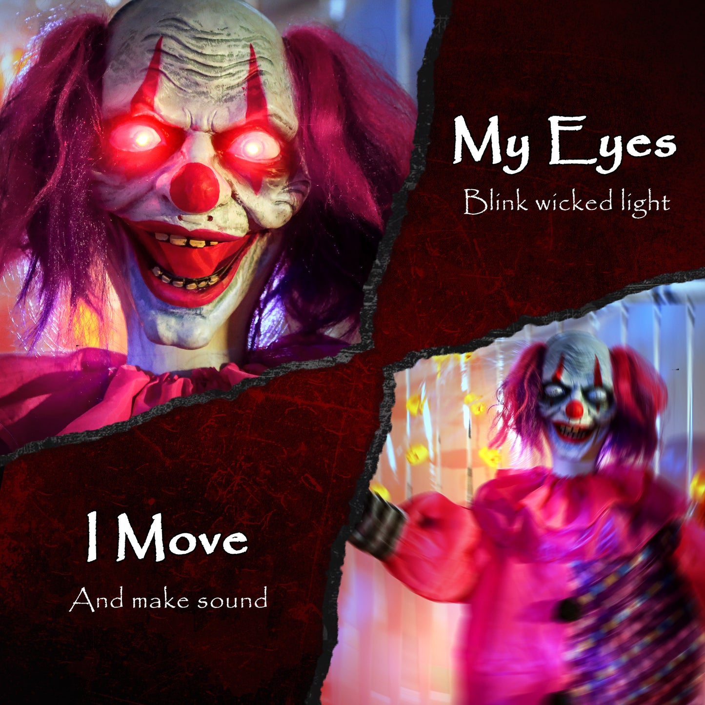 Outsunny Life Size Halloween Animated Clown with Light Up Eyes, Sound Activated, Moving Body, Battery Operated, Indoor Props, 175 cm, Red Eyes