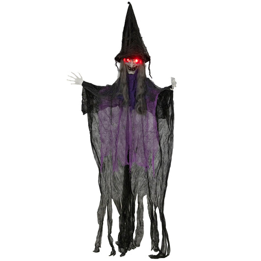 Outsunny 183 cm Life Size Halloween Animated Witch with Glowing LED Eyes, Battery Operated, Indoor Party Props, Black