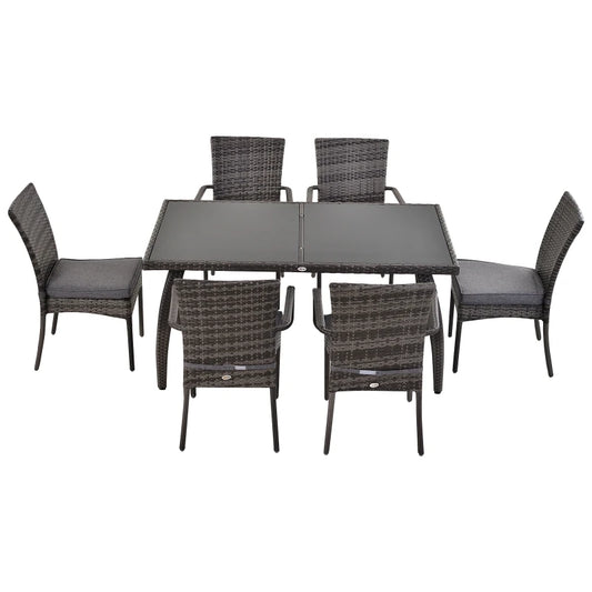 Outsunny 7 Pcs Garden Dining Set Steel Frame PE Rattan Wicker 6 Chairs Large Table Grey