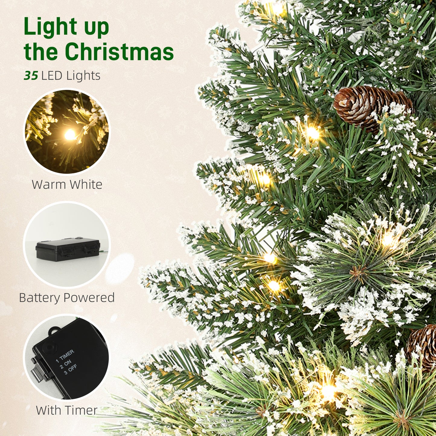 HOMCOM 60cm Prelit Christmas Tree, Snow Flocked Tabletop with 35 LED Lights, Pine Cones, Linen Base, Battery Operated, Green