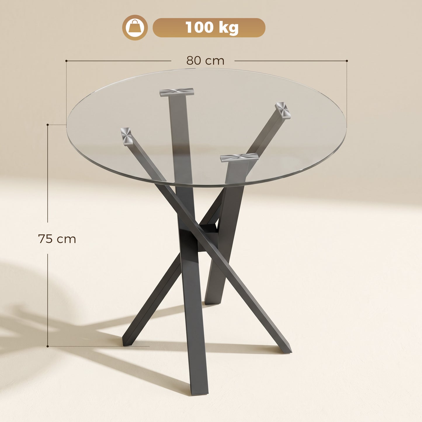 HOMCOM Round Dining Table for 4, 80cm Modern Kitchen Table with Tempered Glass Top and Cross Steel Legs, Clear