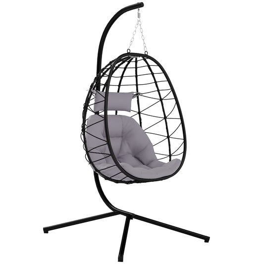 Outsunny Hanging Egg Chair, Outdoor/Indoor Swing with Folding Basket, Cushion & Stand, Grey