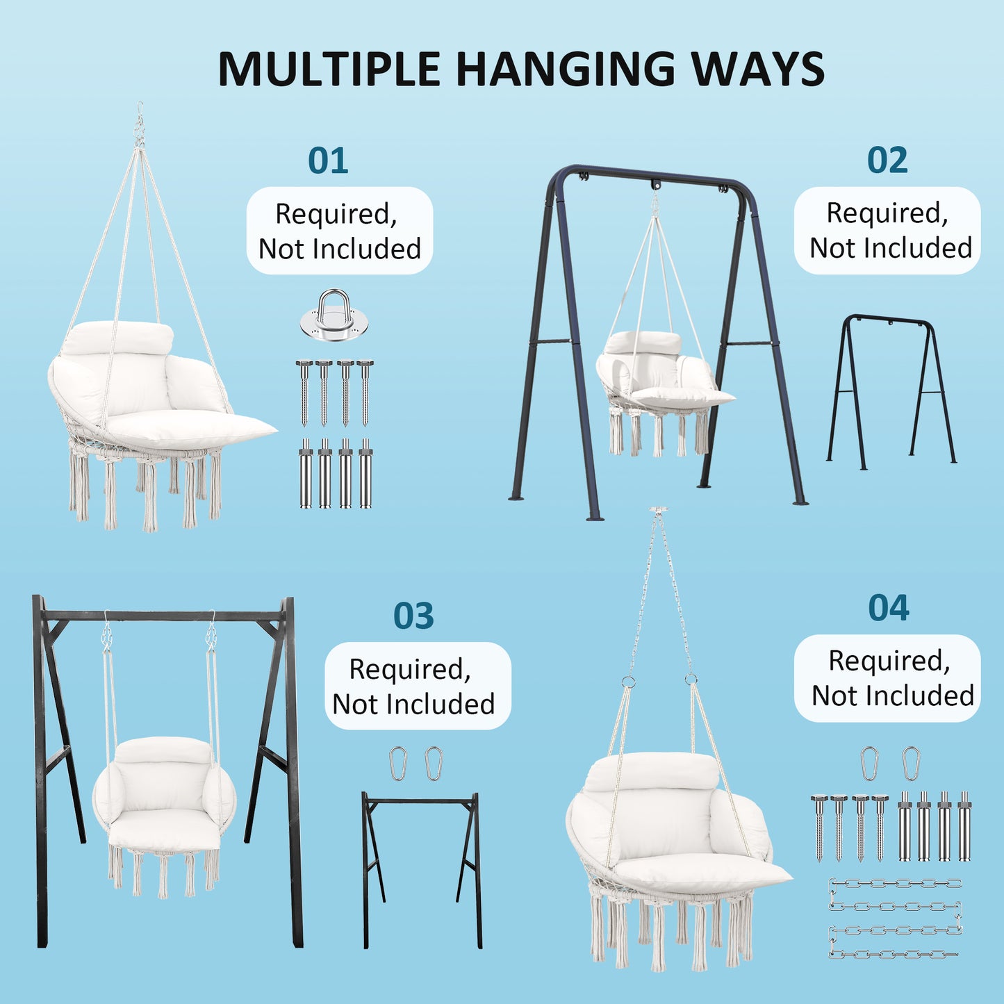 Outsunny Hanging Chair Outdoor Hammock with Cushion, Cotton Rope Boho Style Swing Seat for Indoor/Outdoor, Cream White