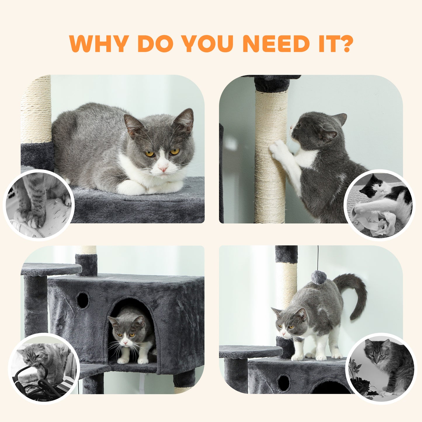 PawHut 180cm Large Cat Tree Tower with Sisal Scratching Posts, Condos, Plush Perches, Hammock, Ladder, Dark Grey