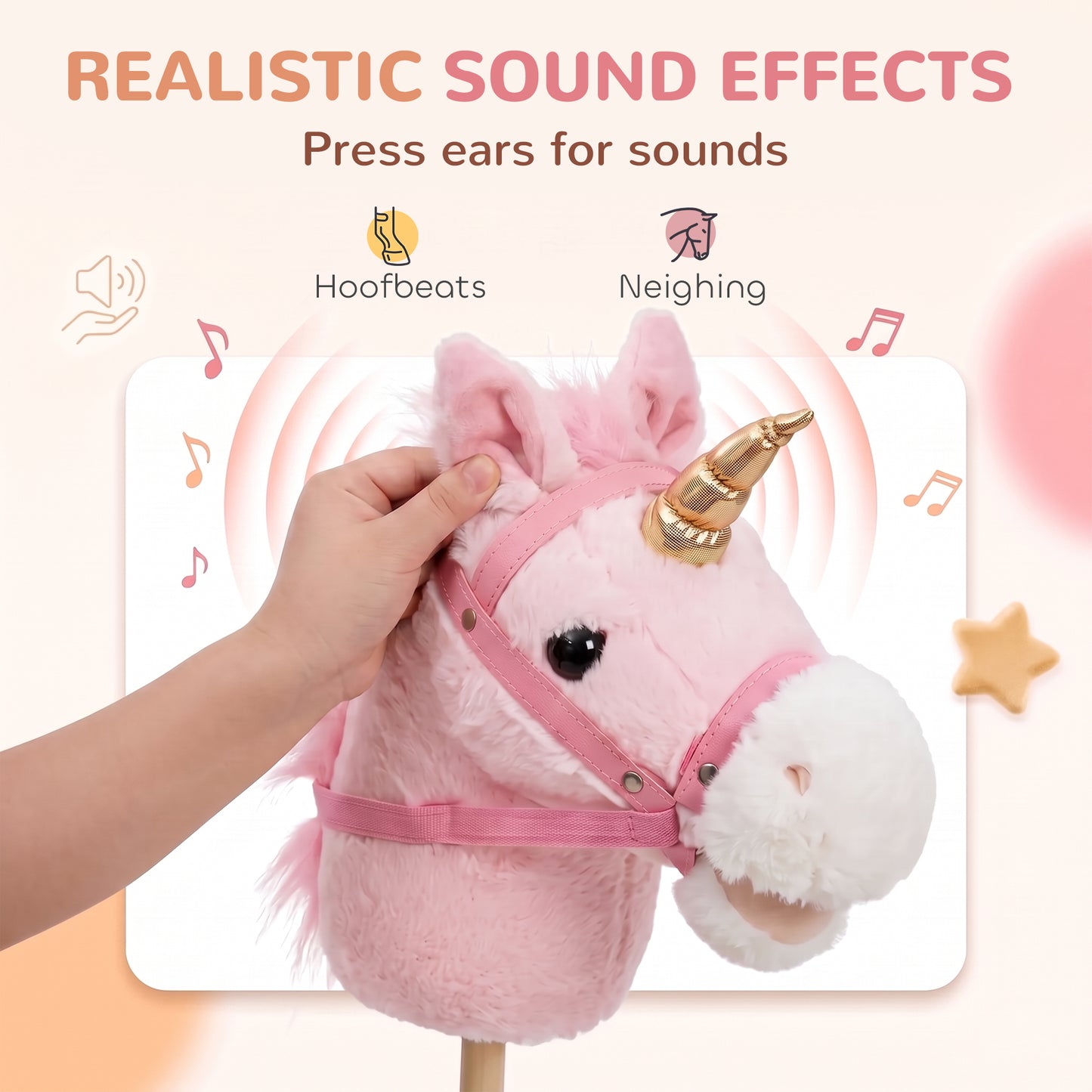 AIYAPLAY Hobby Horse with Wood Wheels, Stick Horse with Grip Handle, Sound, Plush Hobby Horse Toy for Imaginative Play, Pink