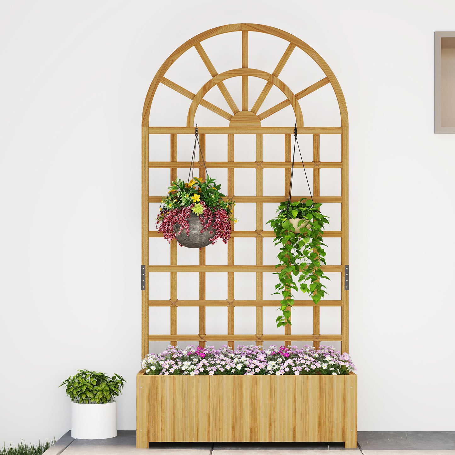 Outsunny Wooden Raised Planter with Trellis, Raised Bed for Garden with Lattice and Drainage Holes for Climbing Plants
