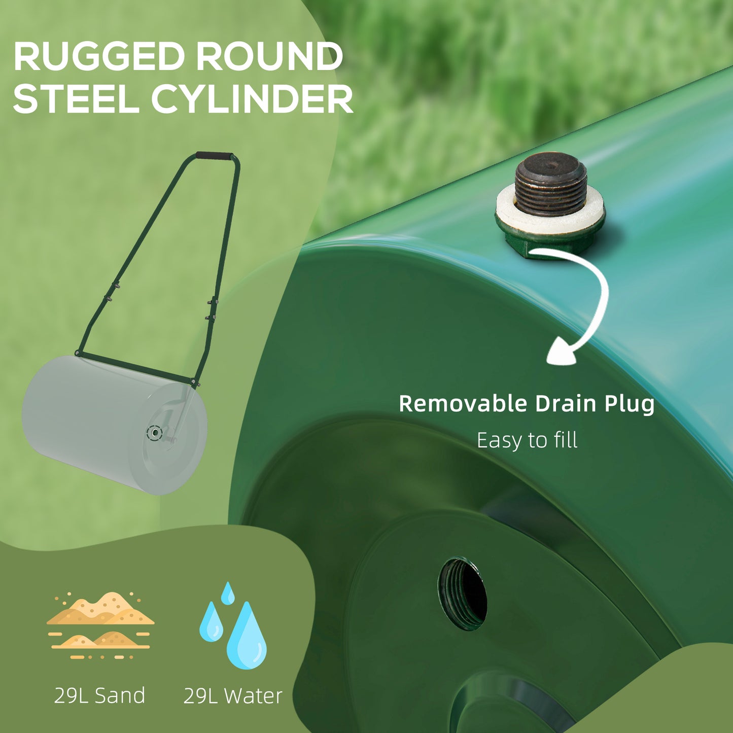 Outsunny 63 L Heavy Duty Water Or Sand Filled Ø30cm Garden Steel Lawn Roller Drum - Dark Green