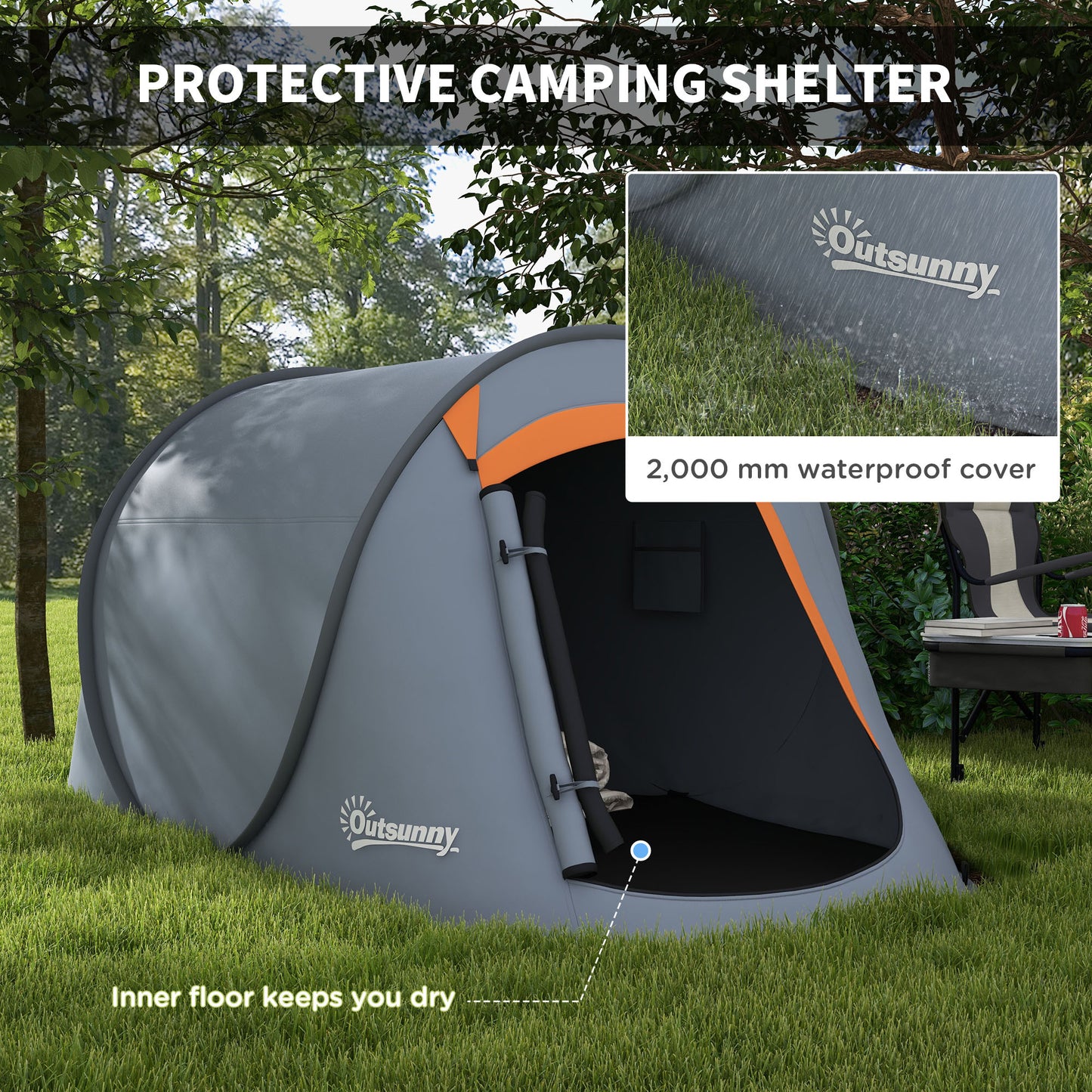 Outsunny 2 Man Pop up Camping Tent 2000mm Waterproof with Carry Bag for Fishing Hiking Backpacking Grey and Orange