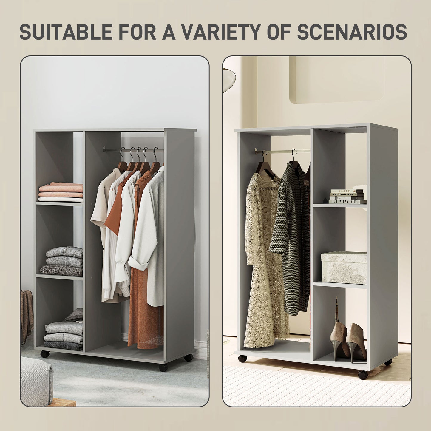 HOMCOM Open Wardrobe on Wheels with Clothes Rail, Bedroom Clothes Storage with Hanging Rod