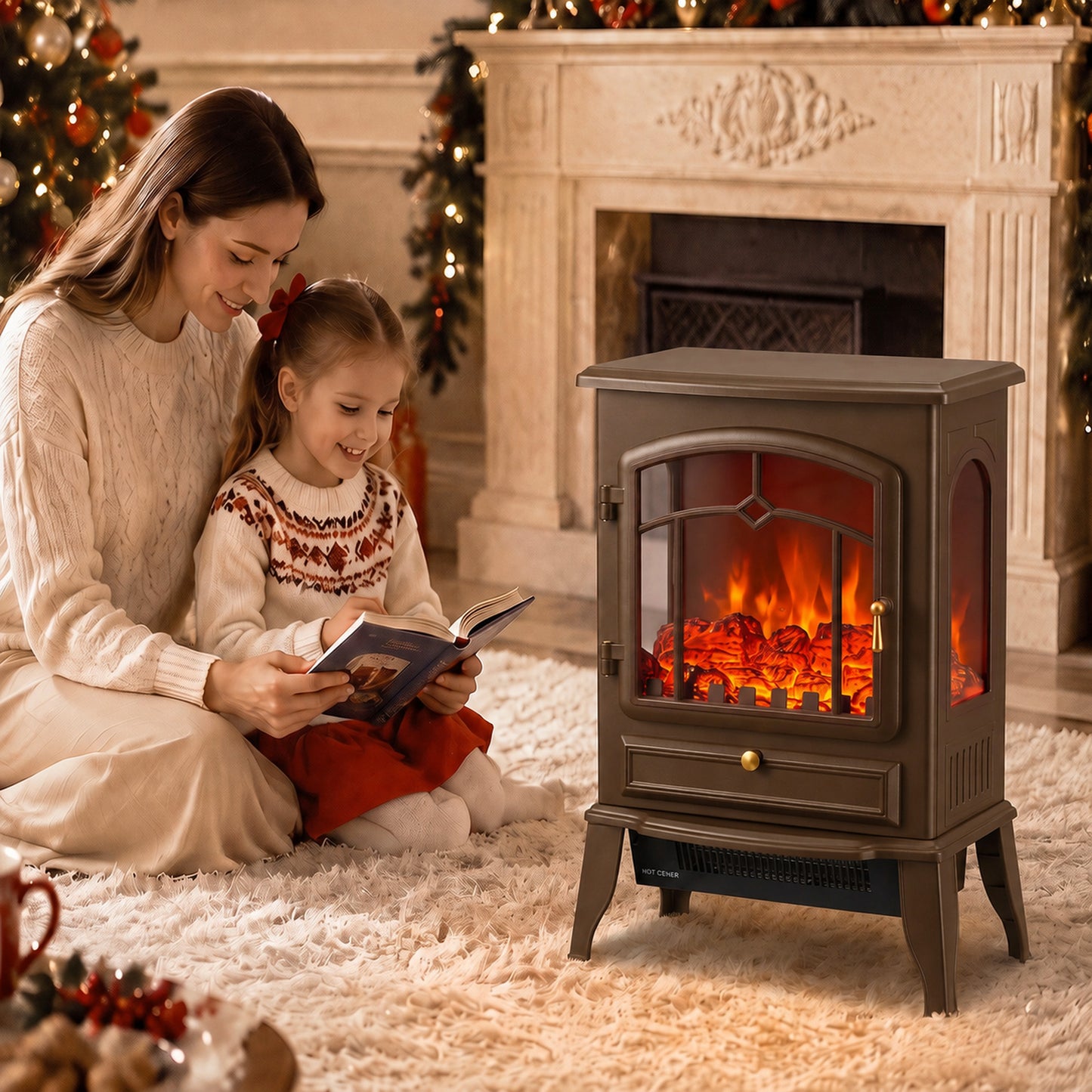 HOMCOM Electric Fireplace Stove, 1000/2000W 3-Sided Freestanding Fireplace Heater with 3D Flame Log, Thermostat, Brown