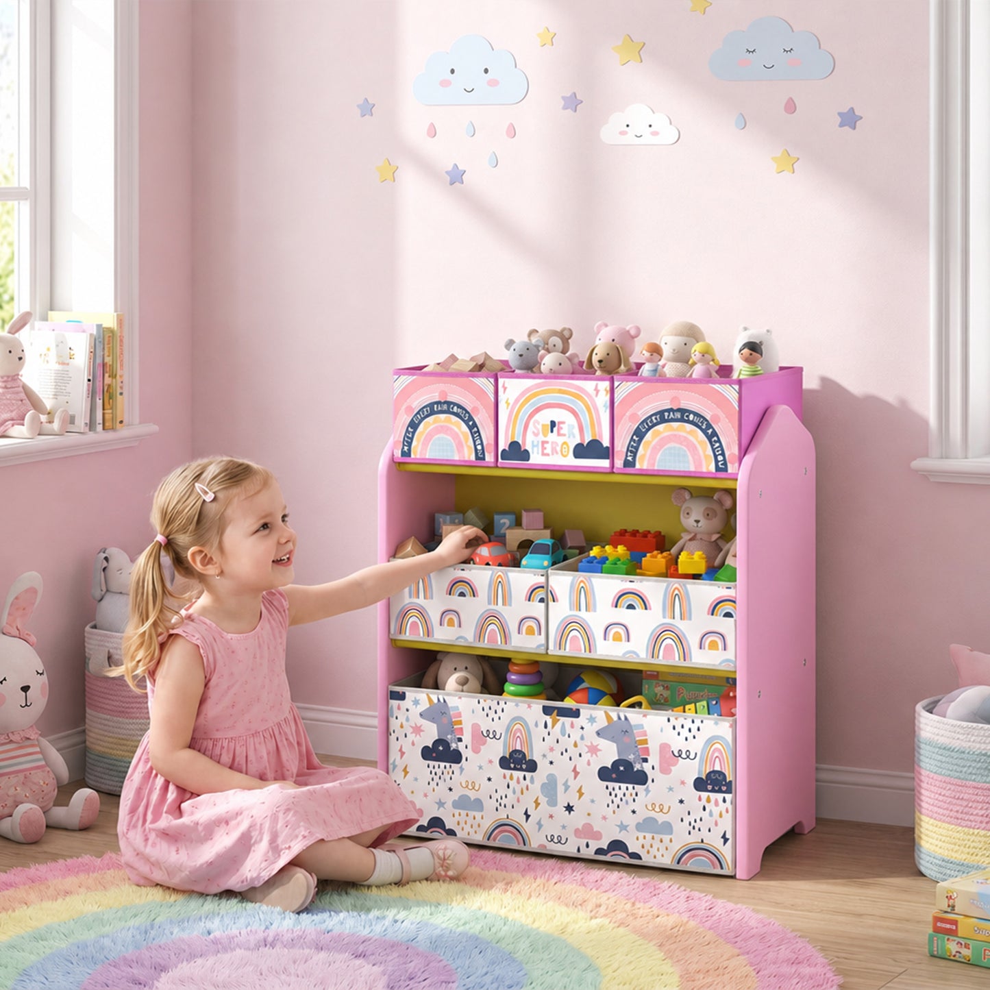 AIYAPLAY Toy Storage Organiser, 3-Tier Wooden Kids Toy Storage Rack with 6 Fabric Storage Bins for Bedroom, Kids Room, Pink