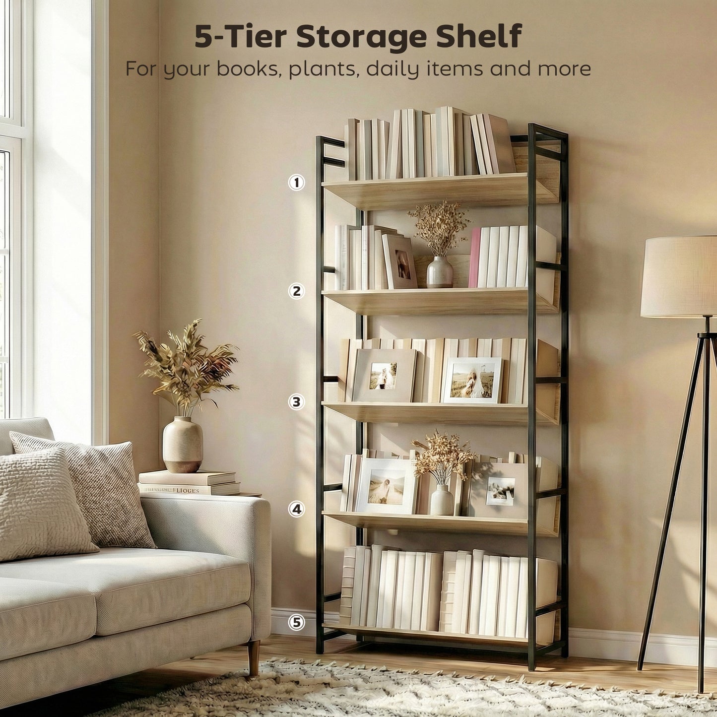 HOMCOM Bookshelf 5-Tier Metal Frame Bookcase Storage Shelves for Living Room Oak