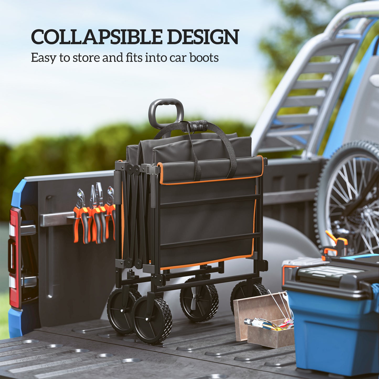 Outsunny 160L Festival Trolley on Wheels, Folding Camping Cart w/ Tailgate, 100kg Heavy Duty Garden Wagon w/ Adjustable Handle, Black and Orange