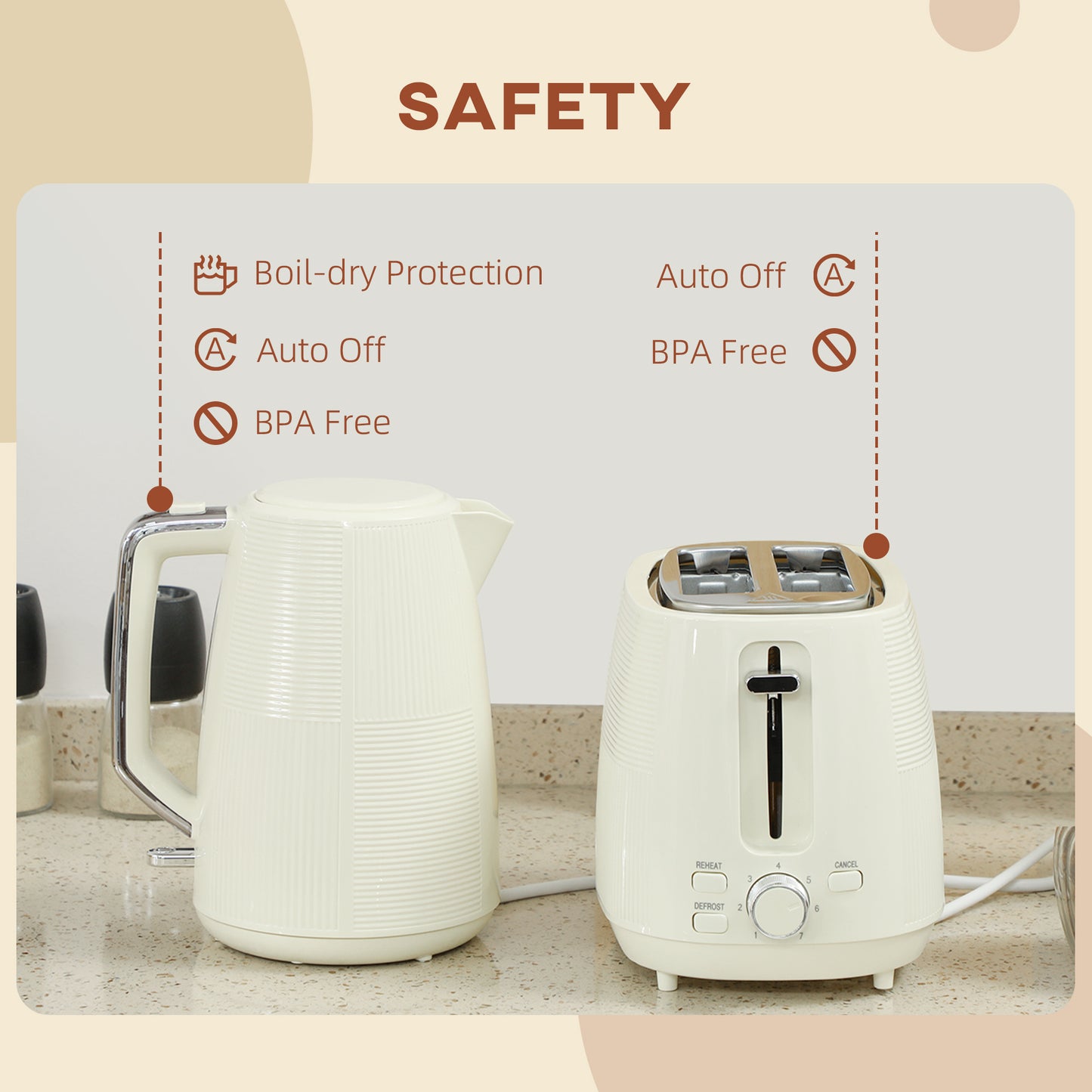 HOMCOM Kettle and Toaster Set, 1.7L 3000W Fast Boil, 2 Slice Toaster, 7 Browning Levels, Cream White