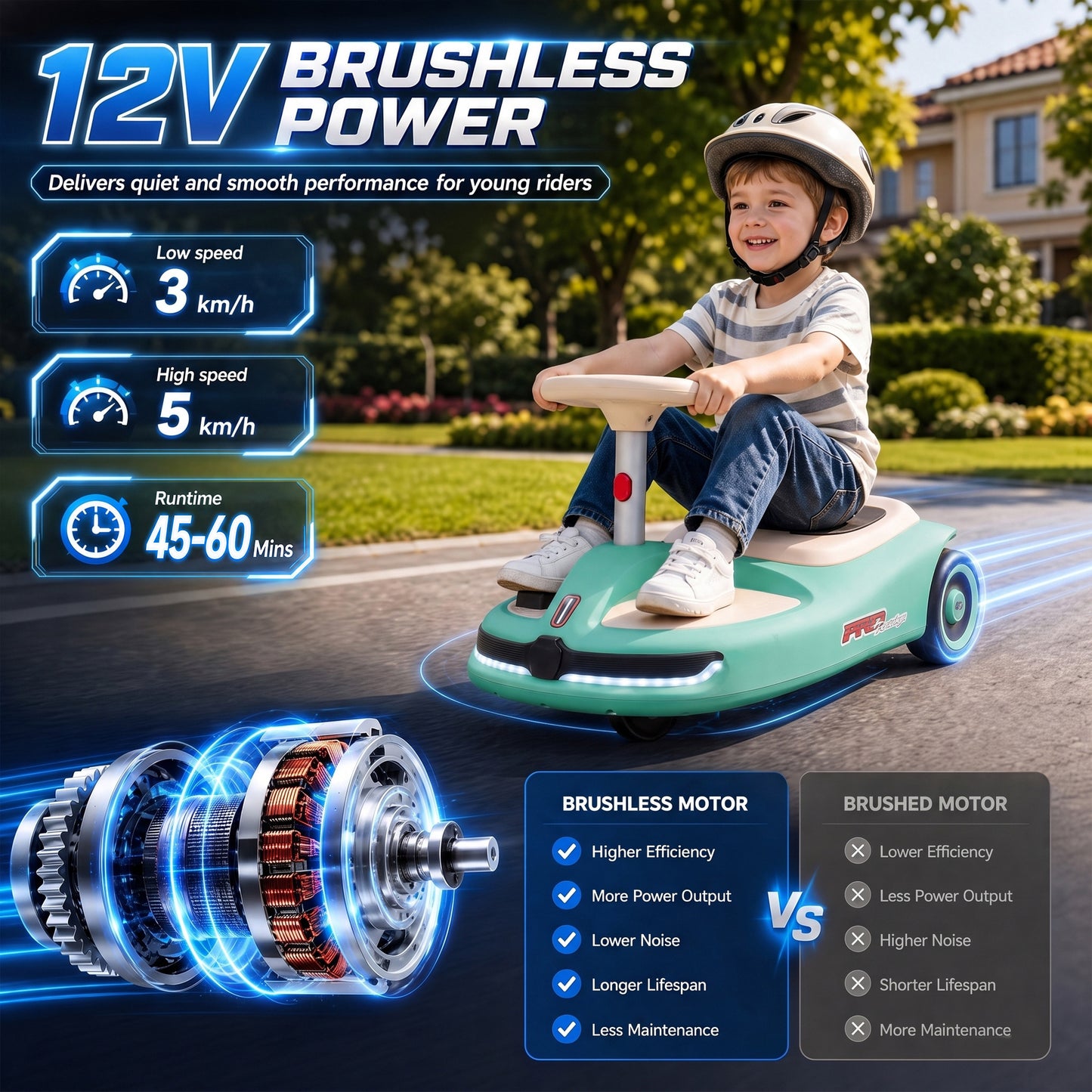 AIYAPLAY 12V Electric Wiggle Car with Pedal, Kids Electric Car with 2 Speeds, Soft Start, Music, Lights for 3-5 Years, Light Blue