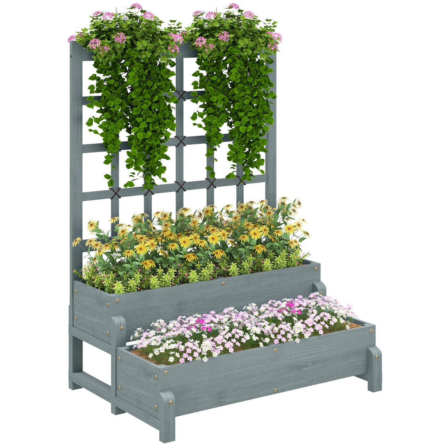 Outsunny Raised Garden Bed with Trellis, Wooden Elevated Planter Box, Drainage Holes, for Plants, Fruits, Vegetables, Flowers, Grey