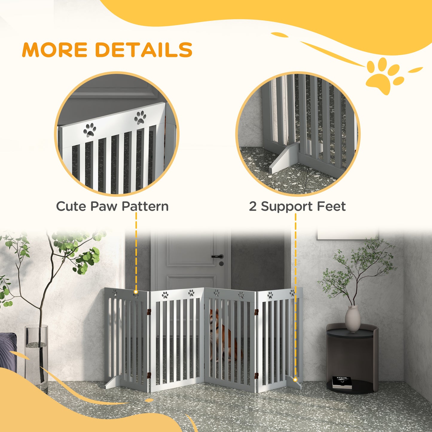 PawHut Wooden Pet Gate Foldable Freestanding Dog Safety Barrier w/ Support Feet, Grey