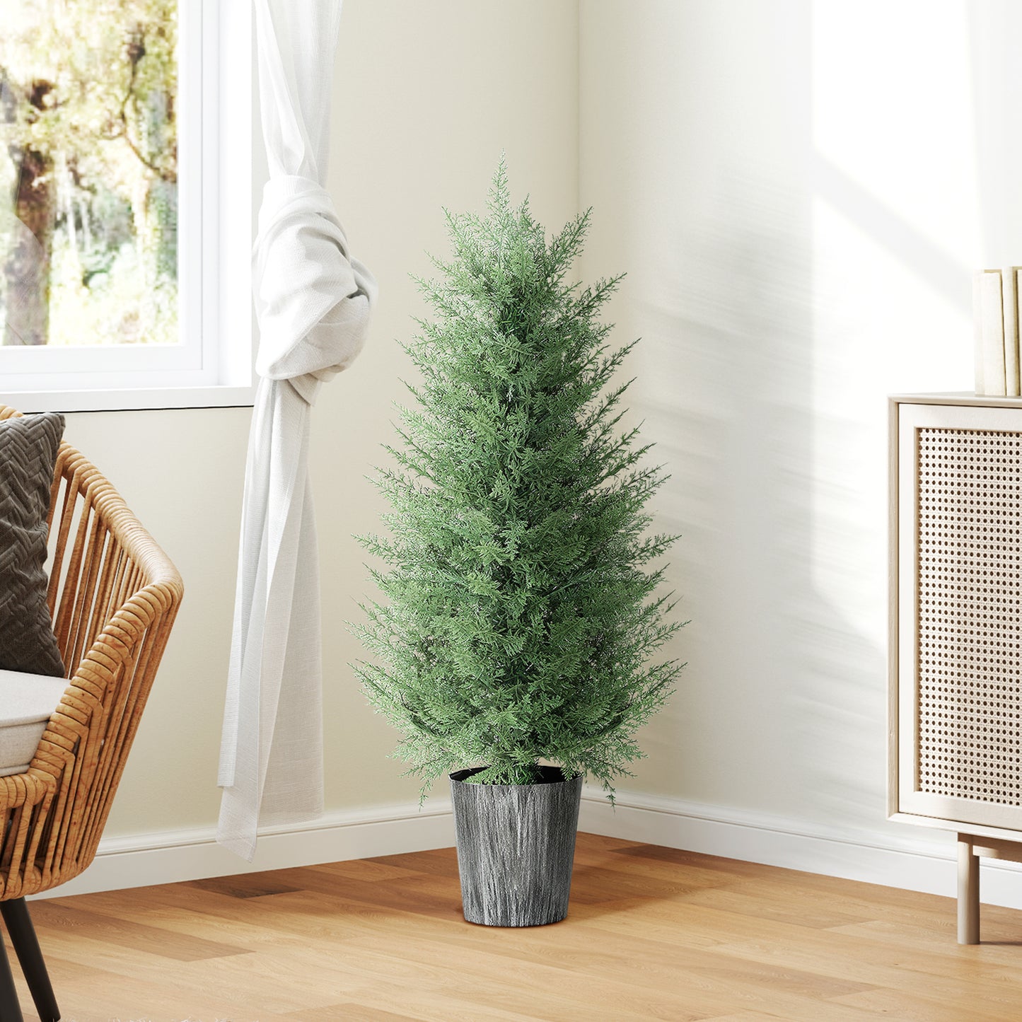 HOMCOM Set of 2 90cm Artificial Cypress Trees, UV Resistant with Decorative Pot, Fake Plants for Indoor/Outdoor Decor, Green