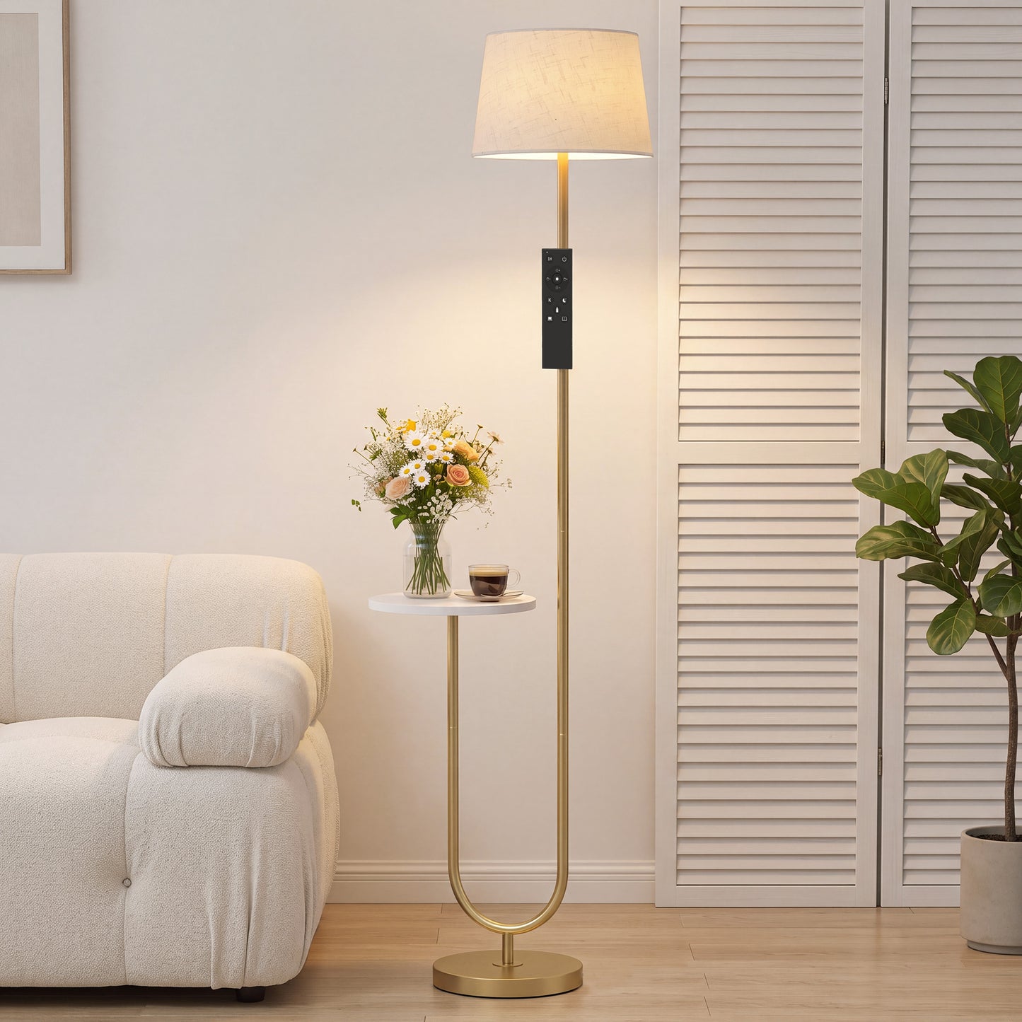HOMCOM Modern Floor Lamp with Shelf, Dimmable Floor Lamp with Linen Shade, RF Remote and Foot Switch for Living Room, Gold Tone