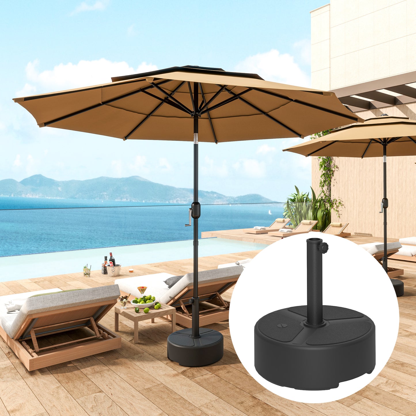 Outsunny Round Garden Parasol Base, Heavy Duty, Holds 20kg with Sand/18kg with Water, Black