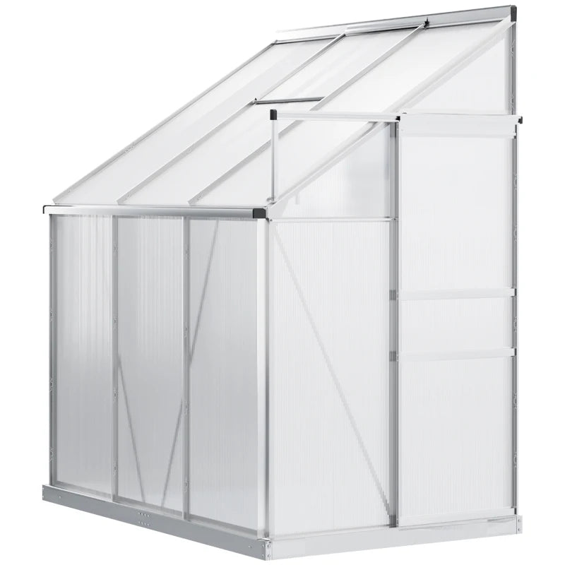 Outsunny 6 x 4ft Lean to Wall Polycarbonate Greenhouse Aluminium Walk-in Garden Greenhouse with Adjustable Roof Vent, Rain Gutter and Sliding Door, Clear