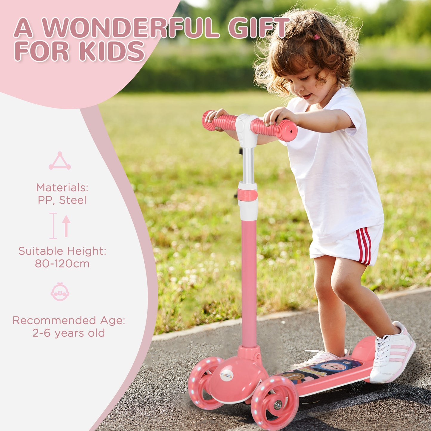 AIYAPLAY Kids 3 Wheel Scooter for 2-6 Years Old w/ Adjustable Height, LED Light, TPE Handlebar, Pink