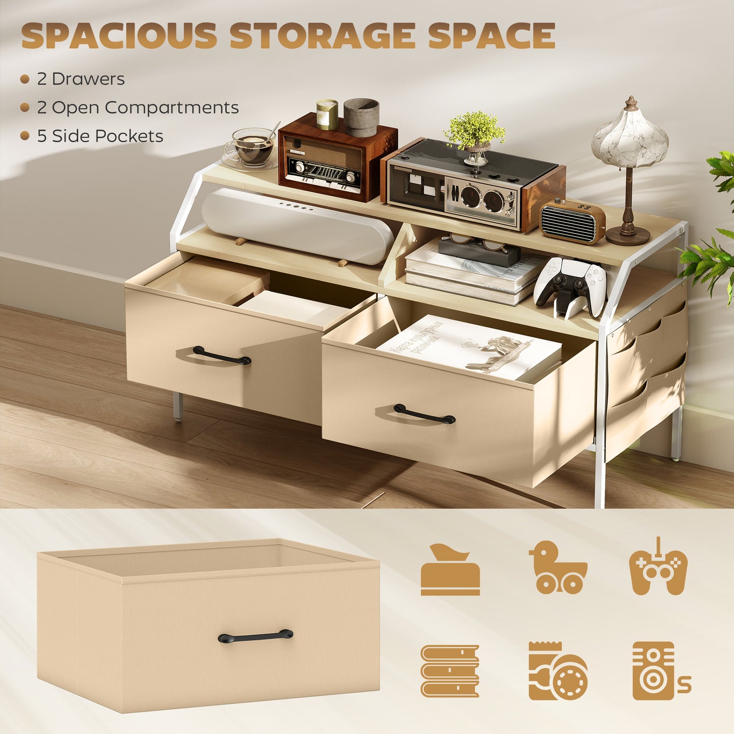 HOMCOM TV Stand Cabinet for 55-inch TVs, 2 Foldable Fabric Drawers, 5 Side Pockets, Open Shelves, Console Table, Natural Wood Finish