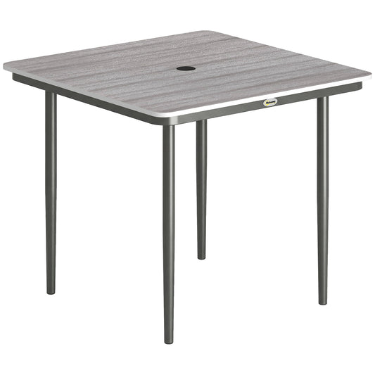 Outsunny Garden Dining Table for 4, 85 cm Square Outdoor Table with Umbrella Hole, Faux Wood Top, Metal Legs, Light Grey