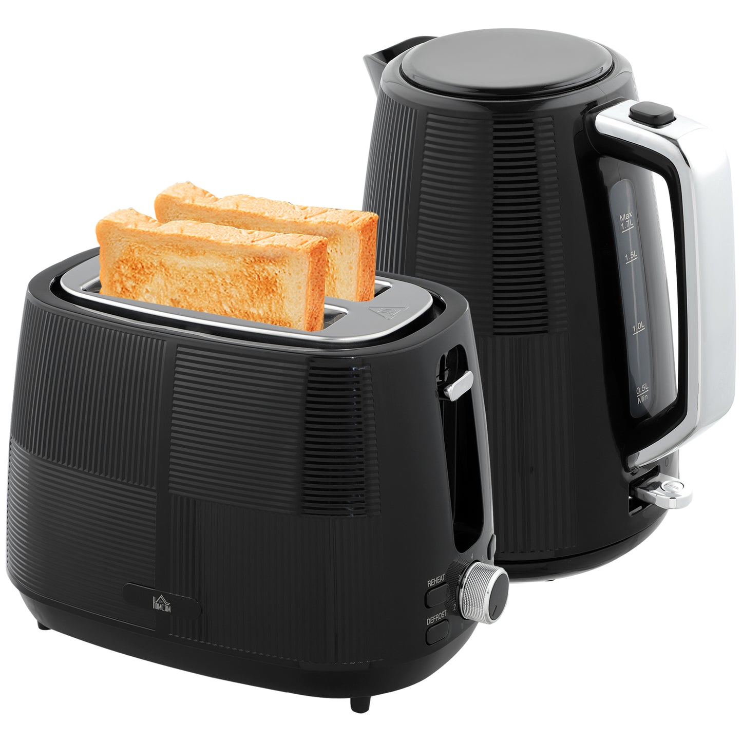 HOMCOM Kettle & Toaster Set, 1.7L 3000W Fast Boil, 2 Slice, 7 Browning Levels, Defrost, Reheat, Black