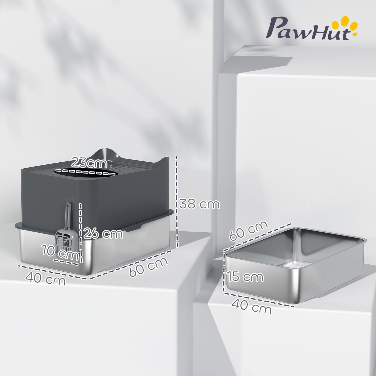 PawHut Stainless Steel Cat Litter Tray, Extra Large Enclosed Litter Box with Scoop, Top Entrance, Non-slip Pads, Dark Grey