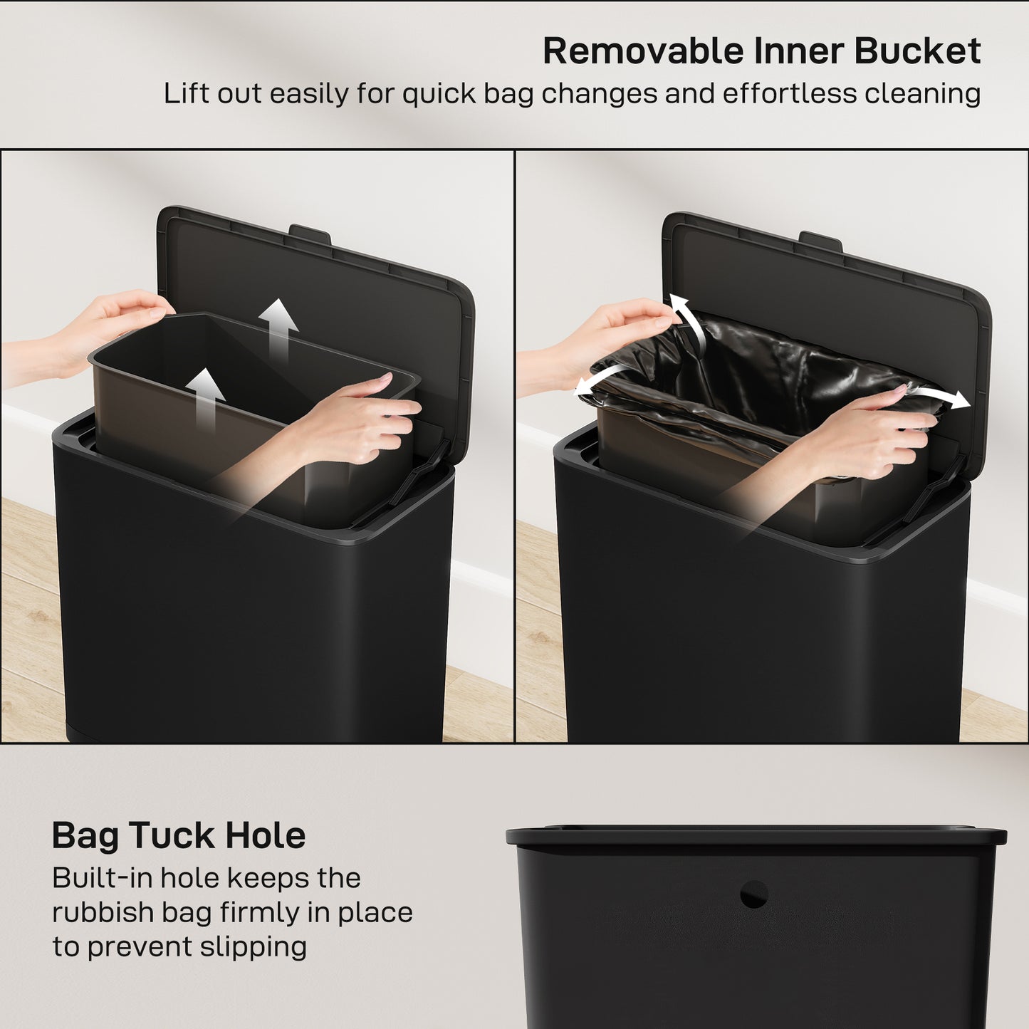 HOMCOM 8L Hanging Kitchen Bin, Rubbish bin with Lid and Removable Inner Bucket for Kitchen Cabinet Door, Under Sink, Black