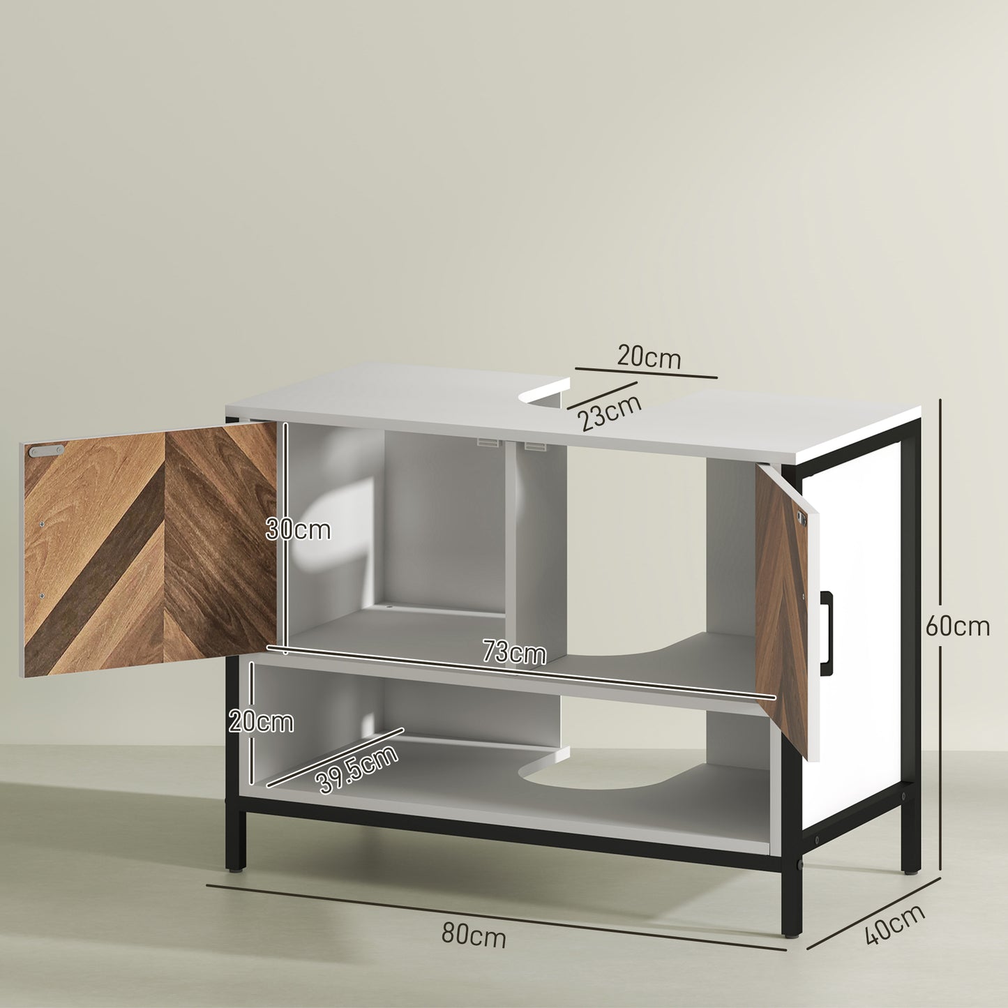 HOMCOM Under Sink Bathroom Cabinet, Rustic Herringbone Doors, 80 x 40 x 60 cm, White