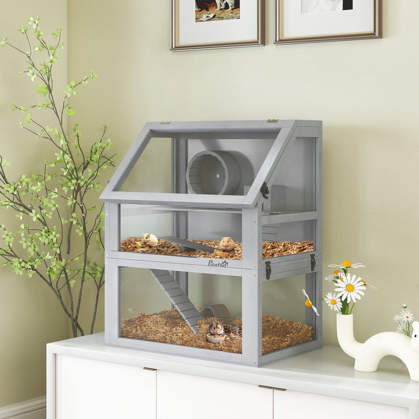 PawHut Wooden Hamster Cage with Detachable 32cm Deep Bottom, Hut, Seesaw, Exercise Wheel, Ramp, 60 x 40 x 75cm, Light Grey