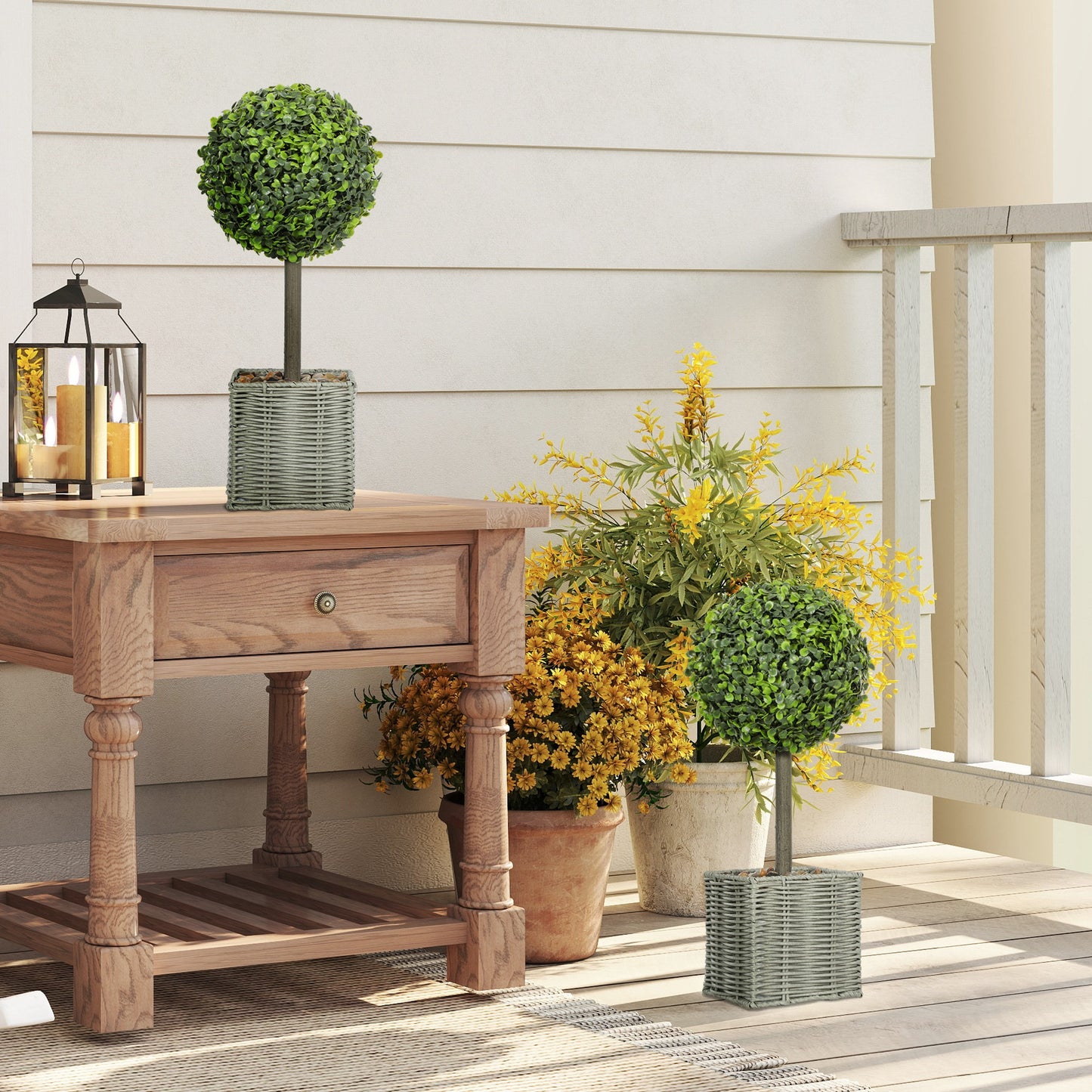 HOMCOM Set of 2 Artificial Plants, 50cm Faux Boxwood Topiary Balls in Woven Plastic Pots with Pebbles, Fake Decor for Home/Office, Green