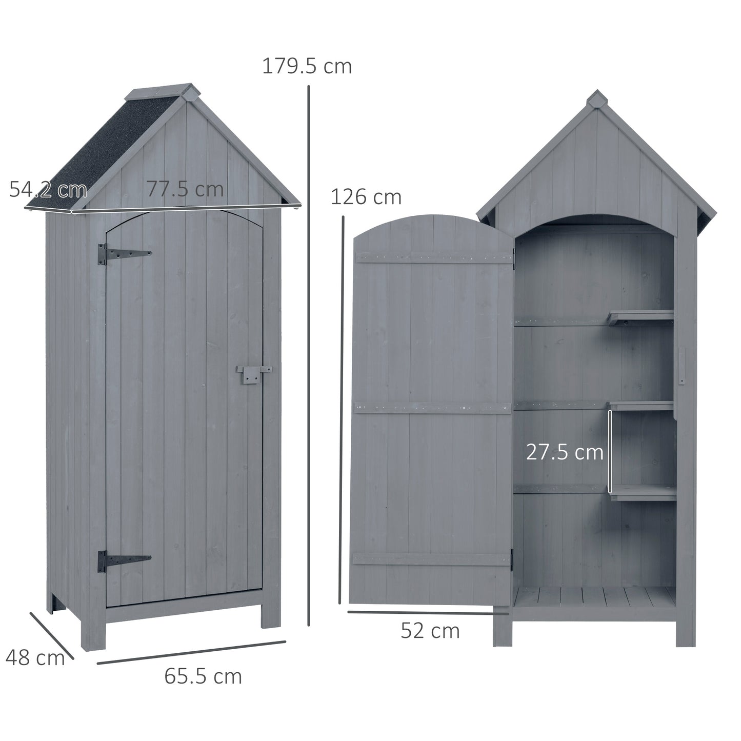 Outsunny Wooden Garden Storage Shed with 3 Shelves, Outdoor Tool Cabinet with Tilt Roof & Lockable Door, 77.5 x 54.2 x 179.5 cm, Grey