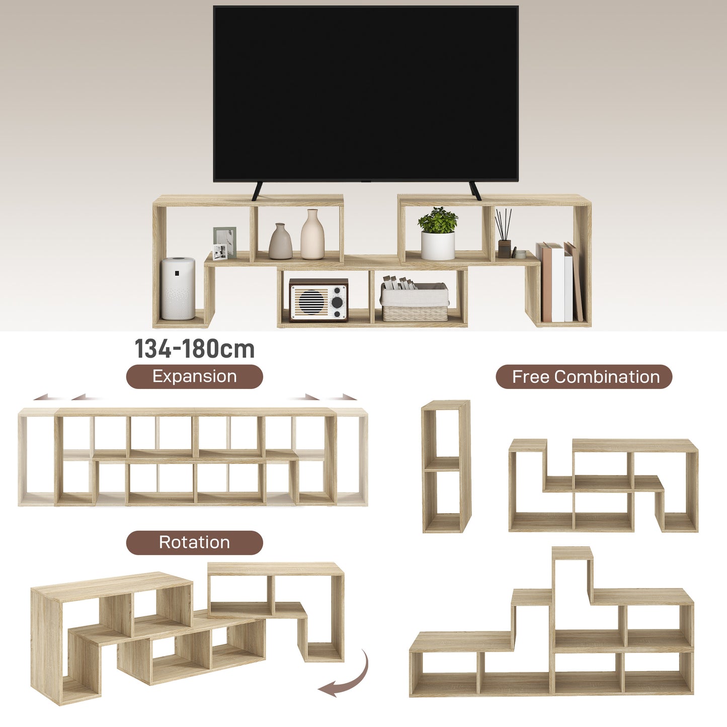HOMCOM TV Stand for TVs up to 75", Storage Shelves, Extendable Entertainment Unit, Grey Oak