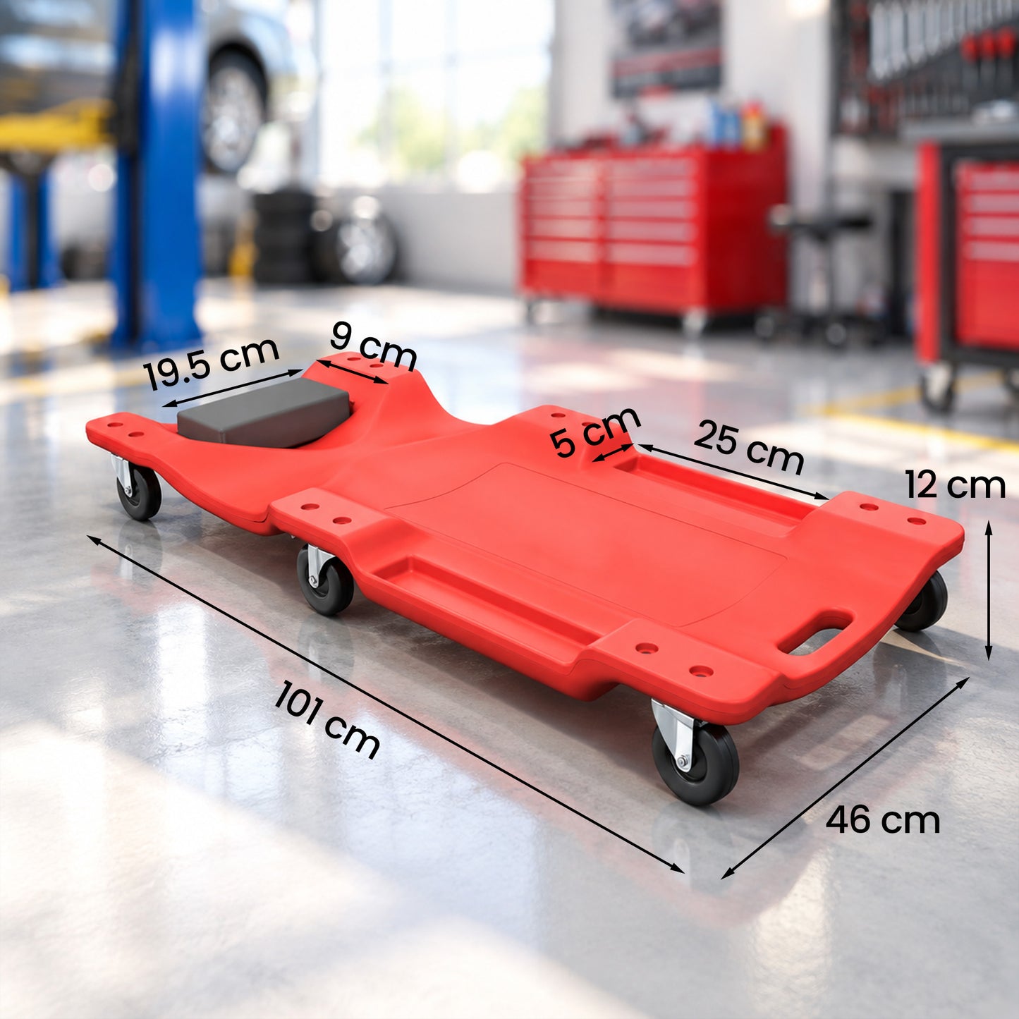 HOMCOM Low Profile Rolling Shop Creeper, Padded Headrest, Dual Tool Trays, 6 Swivel Casters, 150 kg, Red