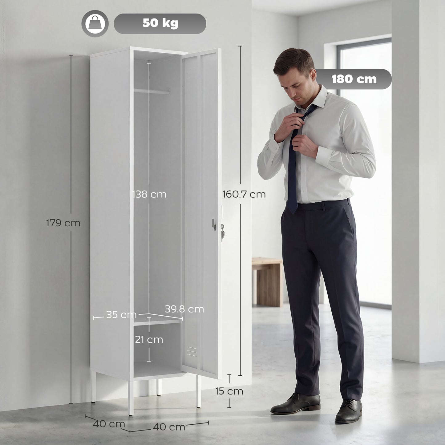HOMCOM Metal Locker Cabinet with Hanging Rod, Lock and Key, Single Locker Storage Cabinet with Shelf, White