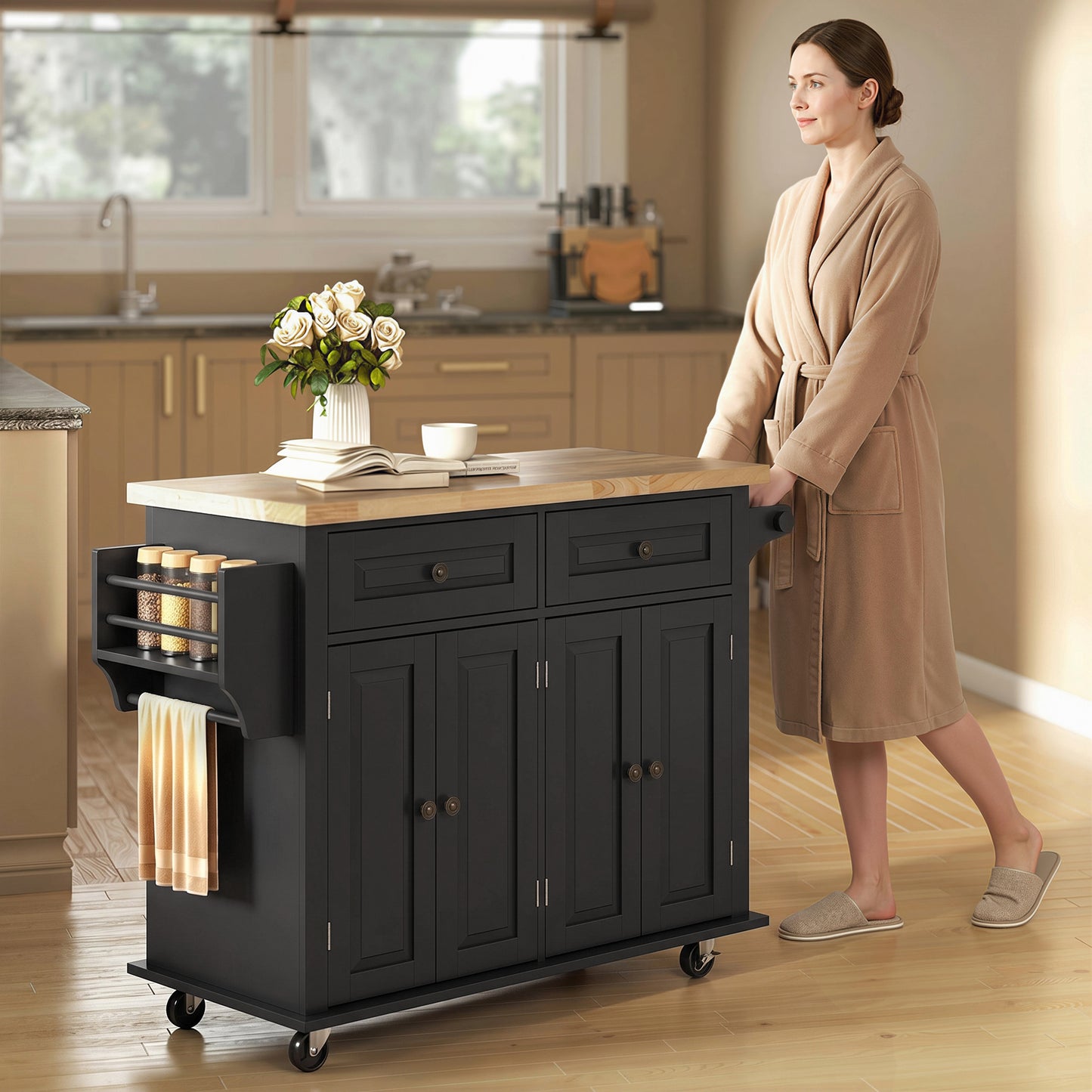 HOMCOM Kitchen Island on Wheels, Rolling Kitchen Trolley with Rubberwood Top, 2 Drawers, Adjustable Shelves, Black