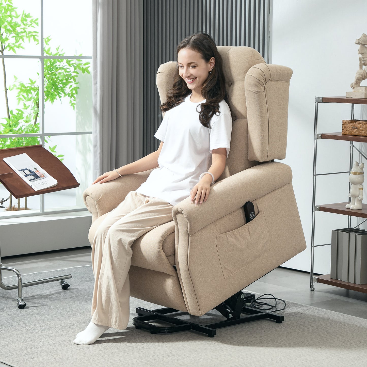 HOMCOM Power Lift Recliner Chair, Wingback Tufted Electric Lift Armchair, Beige