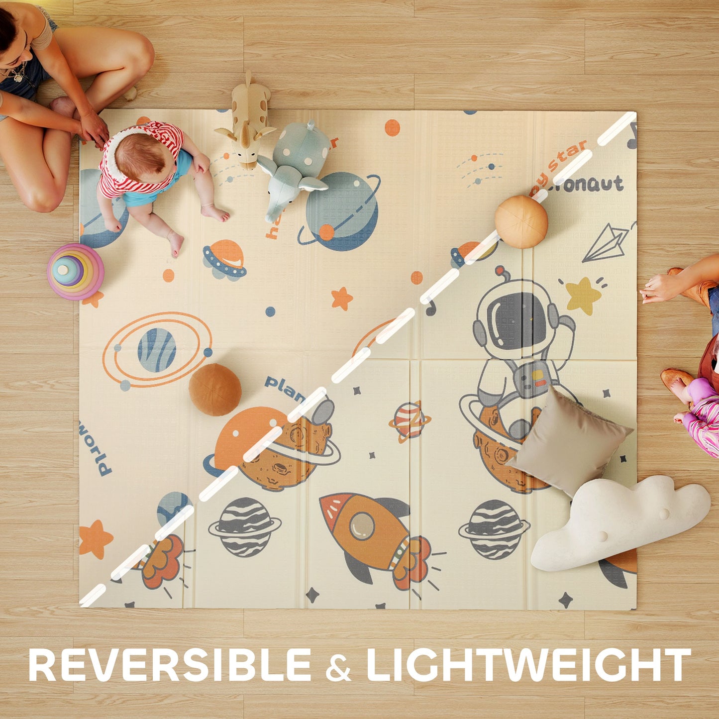 AIYAPLAY Baby Play Mat, Double Sideded Foldable Kids Crawling Mat, Reversible & Waterproof, Astronaut and Planet
